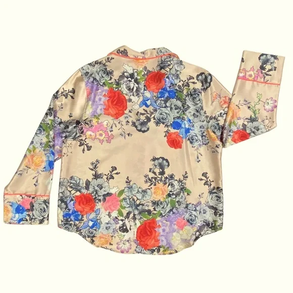 Silky Victoria’s Secret Pajama Top, Floral Button-up w/ Neon Pink Piping, Pocket - Picture 2 of 14